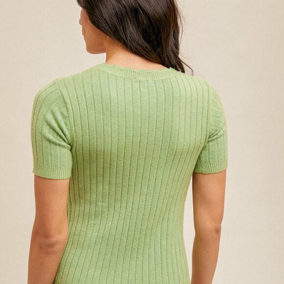 HEM & THREAD Light Green Ribbed Knit Top, Short Sleeve Button Front Sweater Tee - Picture 2 of 4